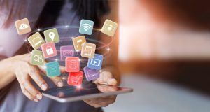 woman using mobile tablet payments online shopping and icon customer network connection on screen, pay all, m-banking and omni channel