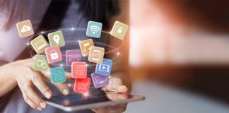 woman using mobile tablet payments online shopping and icon customer network connection on screen, pay all, m-banking and omni channel